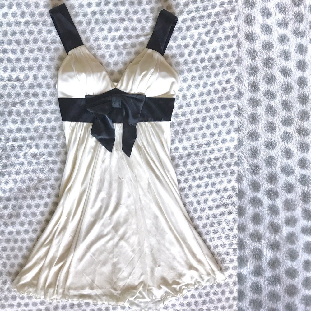 Cream mini dress with black straps & bow - medium
